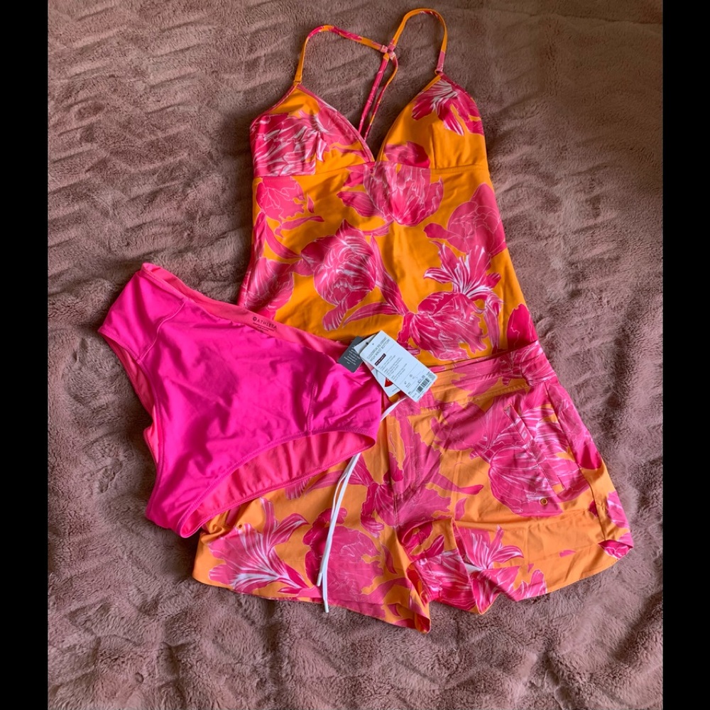 Athleta tanking, board short and swim bottom